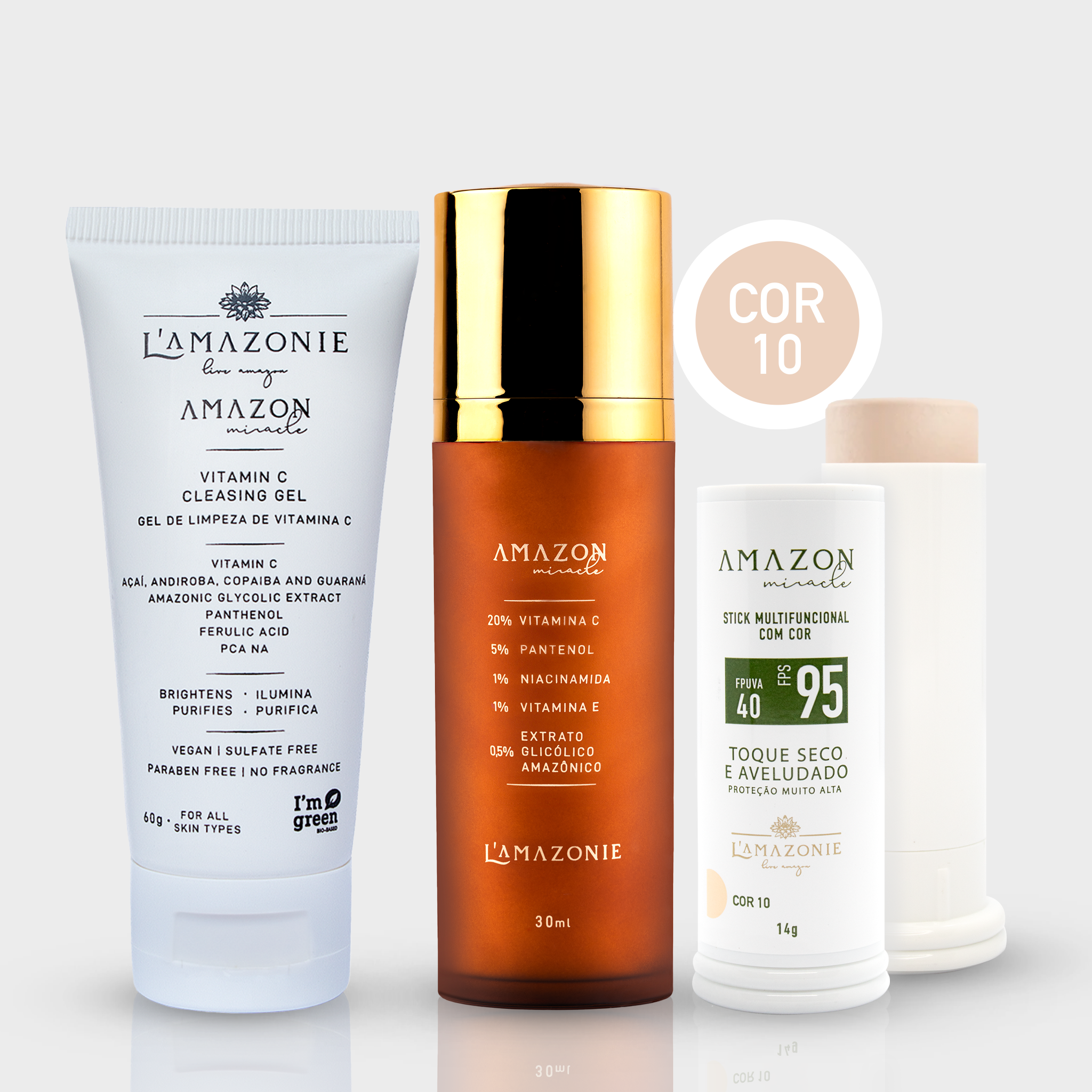 Kit Completo Sérum de Vitamina C20 + Bastão Multifuncional com Cor+ Gel de Limpeza
