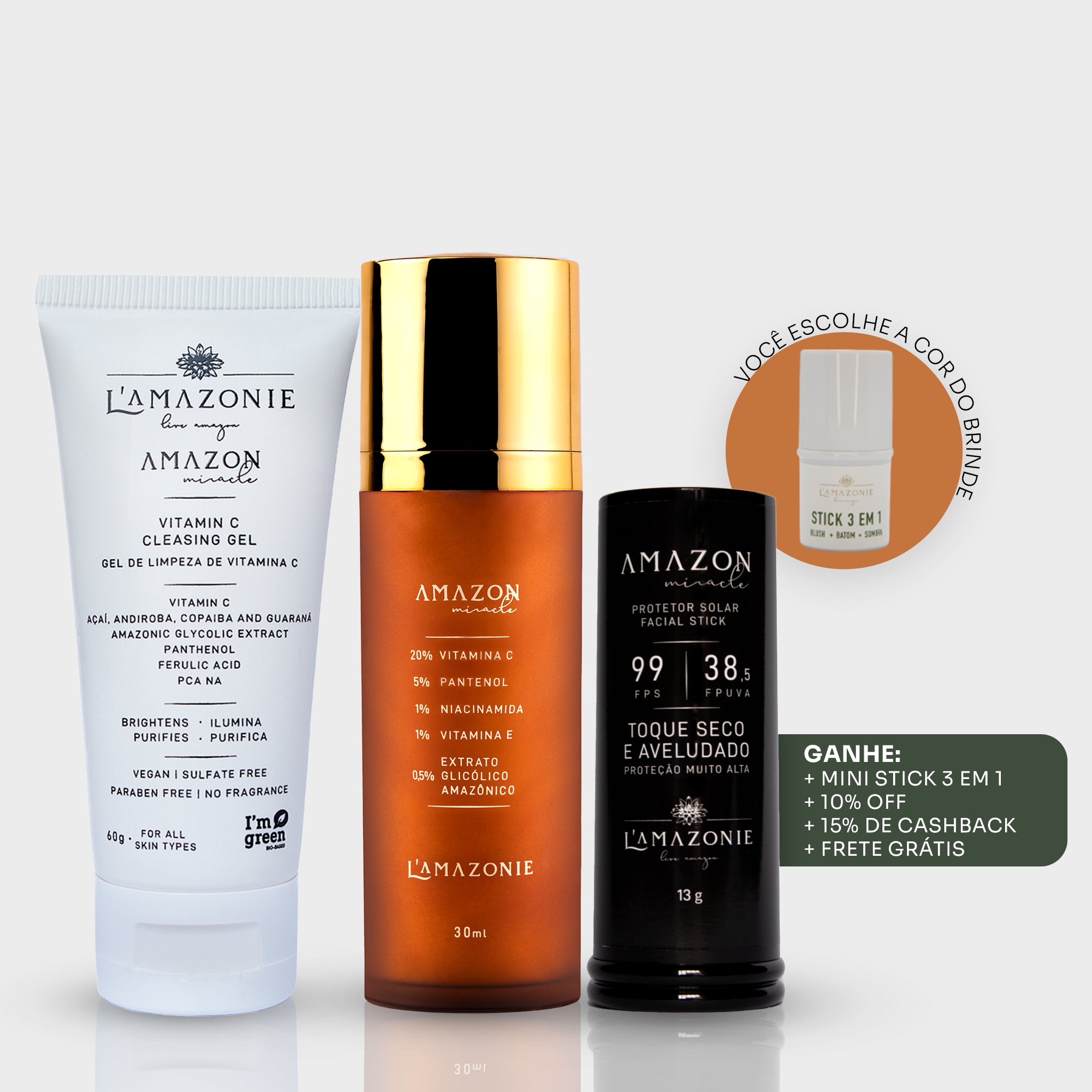 Kit Completo Sérum Vitamina C20 + Proteção (Cor/Incolor) + Limpeza